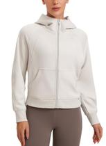 Moletom com capuz CRZ YOGA SoftAura com zíper completo para mulheres, branco leitoso