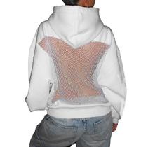 Moletom com capuz feminino GOTHPICKUS Y2K Sexy Mesh Back Crystal Lace White