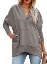 Moletom com capuz feminino PRETTYGARDEN com decote em V cinza grande