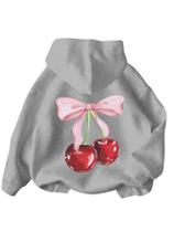 Moletom com capuz feminino WDIRARA com estampa Cherry, manga comprida, cinza 16Y Moletom com capuz feminino WDIRARA com estampa Cherry, manga comprida, cinza 16Y