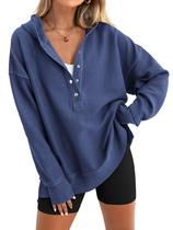Moletom com capuz PRETTYGARDEN, moda feminina 2024, com botões e decote em V, azul Moletom com capuz PRETTYGARDEN, moda feminina 2024, com botões e decote em V, azul