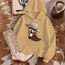 Moletom Country Blusa de Frio Unissex Estamp Bota e Chapéu Inverno Estilo Roça Boiadeira Rodeio Peão