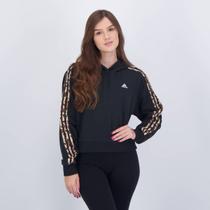 Moletom Cropped Adidas Animal Print 3 Listras Feminino Preto