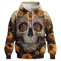 Moletom de Halloween com capuz GHUALURU Pumpkin Skull 4GG