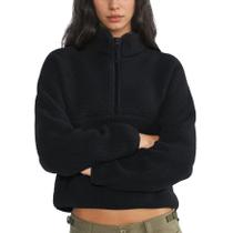 Moletom de lã Keeliya Cropped Half Zip Sherpa preto para mulheres Moletom de lã Keeliya Cropped Half Zip Sherpa preto para mulheres