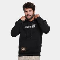 Moletom Ecko Unltd Masculino Canguru Preto, 65 Poliéster e 35 Algodão, com Patch Emborrachado e Logo Dourado EK946