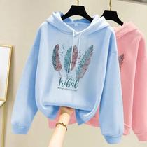 Moletom estampado em penas feminino, moletom solto de veludo, moda casual, outono, inverno Moletom estampado em penas feminino, moletom solto de veludo, moda casual, outono, inverno
