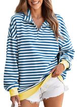 Moletom EVALESS oversized para mulheres listrado azul de algodão