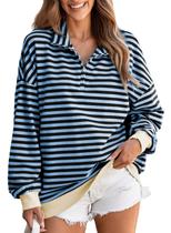 Moletom EVALESS oversized para mulheres listrado azul de algodão