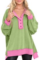 Moletom feminino AlvaQ Colorblock com decote em V, botão 2GG, verde, rosa