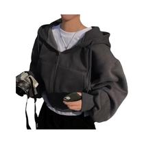 Moletom Feminino Azul Marinho Com Capuz E Zíper, Forrado Com Insfleece, Ajuste Slim, Cropped, Quente