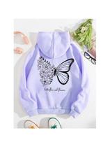 Moletom Feminino Borboleta Blusa de Frio Estampado Costas com Bolso Canguru Cordão Capuz