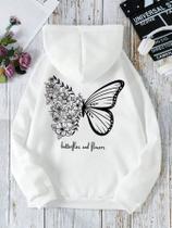 Moletom Feminino Borboleta Blusa de Frio Estampado Costas com Bolso Canguru Cordão Capuz