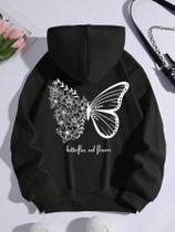 Moletom Feminino Borboleta Blusa de Frio Estampado Costas com Bolso Canguru Cordão Capuz
