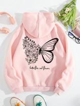 Moletom Feminino Borboleta Blusa de Frio Estampado Costas com Bolso Canguru Cordão Capuz