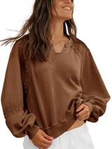 Moletom feminino casual Fisoew com decote em V, lanterna de manga comprida