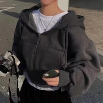 Moletom Feminino Coreano Com Forro De Fleece, Manga Longa, Zíper, Cropped, Estilo Harajuku