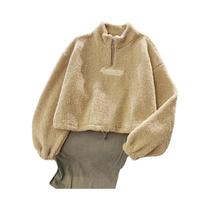 Moletom Feminino Cropped De Veludo Com Capuz, Manga Longa, Bordado De Letras E Cordão