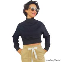 Moletom Feminino Cropped Estilo Blogueira Blusa de Frio Manga Longa Gola Alta Casaco Casual Inverno