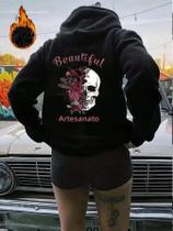 Moletom Feminino De Fleece Com Estampa De Caveira E Flores, Quente, Estilo Streetwear, Gola Redonda, Moletom Feminino De Fleece Com Estampa De Caveira E Flores, Quente, Estilo Streetwear, Gola Redonda,