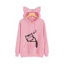 Moletom Feminino De Manga Longa Com Capuz, Estampa De Gato Fofo, Bolso Canguru E Cordão Ajustável Moletom Feminino De Manga Longa Com Capuz, Estampa De Gato Fofo, Bolso Canguru E Cordão Ajustável
