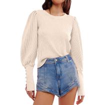 Moletom feminino Dongfeng Waffle Knit Puff de manga comprida marfim