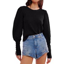 Moletom feminino Dongfeng Waffle Knit Puff de manga comprida preto