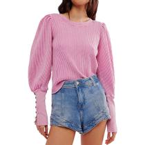 Moletom feminino Dongfeng Waffle Knit Puff de manga comprida rosa
