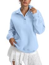 Moletom feminino EasyGala, forrado de lã, decote Henley, azul claro