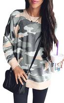 Moletom feminino ECOWISH 923, verde militar, tamanho M, estampa de camuflagem