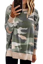 Moletom feminino ECOWISH, gola redonda, manga comprida, estampa camuflada, bege