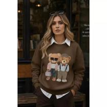 Moletom Feminino Estampa Casal Urso Blusa De Frio Suéter Bear Estampado Ursinho Tendência 2026 Outon