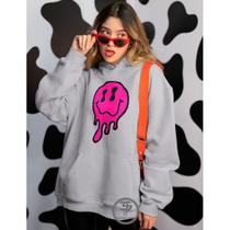 Moletom Feminino Estampado Smiley Blusao Linha Premium Personalizado Blusa de Frio com Bolso e Capuz