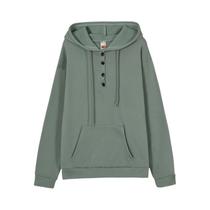 Moletom feminino europeu e N de manga comprida solto casual com capuz e bolso com cordão