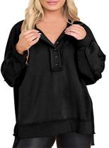Moletom feminino Eytino plus size com decote em V, manga comprida, preto Moletom feminino Eytino plus size com decote em V, manga comprida, preto