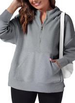 Moletom feminino Eytino, tamanho grande, meio zíper, cinza, 4X