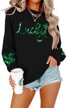 Moletom feminino FAYALEQ com lantejoulas Lucky Black do Dia de São Patrício Moletom feminino FAYALEQ com lantejoulas Lucky Black do Dia de São Patrício