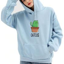 Moletom Feminino Flanelado Com Capuz e Bolsos Estampado Catcus Look Tendência Fashion