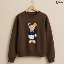 Moletom Feminino Gola Redonda Blusa de Frio Estampado Urso Moda Inverno Estilo Tumblr Casual Básico