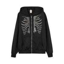 Moletom Feminino Gótico Preto Com Strass E Estampa De Esqueleto, Oversized, Com Zíper, Estilo Retrô