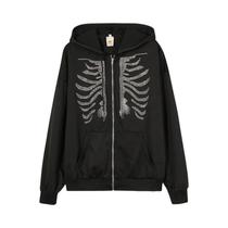 Moletom Feminino Gótico Preto Com Strass E Estampa De Esqueleto, Oversized, Com Zíper, Estilo Retrô