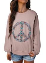 Moletom feminino KevaMolly, manga comprida, floral, símbolo da paz Moletom feminino KevaMolly, manga comprida, floral, símbolo da paz