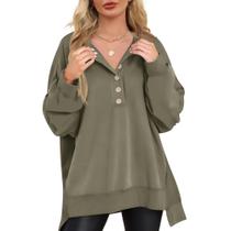 Moletom feminino Kistore, sem capuz, botão, decote em V, verde militar