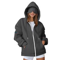 Moletom feminino PBNBP com zíper completo e máscara de olhos embutida cinza escuro Moletom feminino PBNBP com zíper completo e máscara de olhos embutida cinza escuro