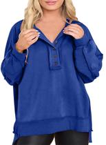 Moletom Feminino Plus Size Eytino - Decote V, Manga Comprida, Azul (1X)