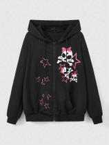 Moletom Feminino Rosa Com Estampa De Estrelas E Caveiras, Confortável, Quente, Casual, Moda Urbana,