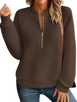 Moletom feminino Schine com meio zíper acolchoado, gola redonda, café L
