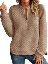 Moletom feminino Schine com meio zíper e gola redonda acolchoada Camel