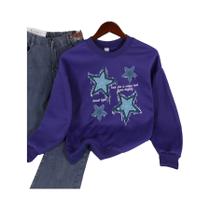 Moletom Feminino Solto Com Gola Redonda, Estampa De Estrela Em Imitação De Jeans, Pulôver Quente De