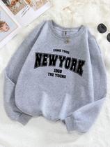 Moletom Feminino Solto E Respirável Com Gola Redonda, Estampa De Letras Nova York 1968, Moda